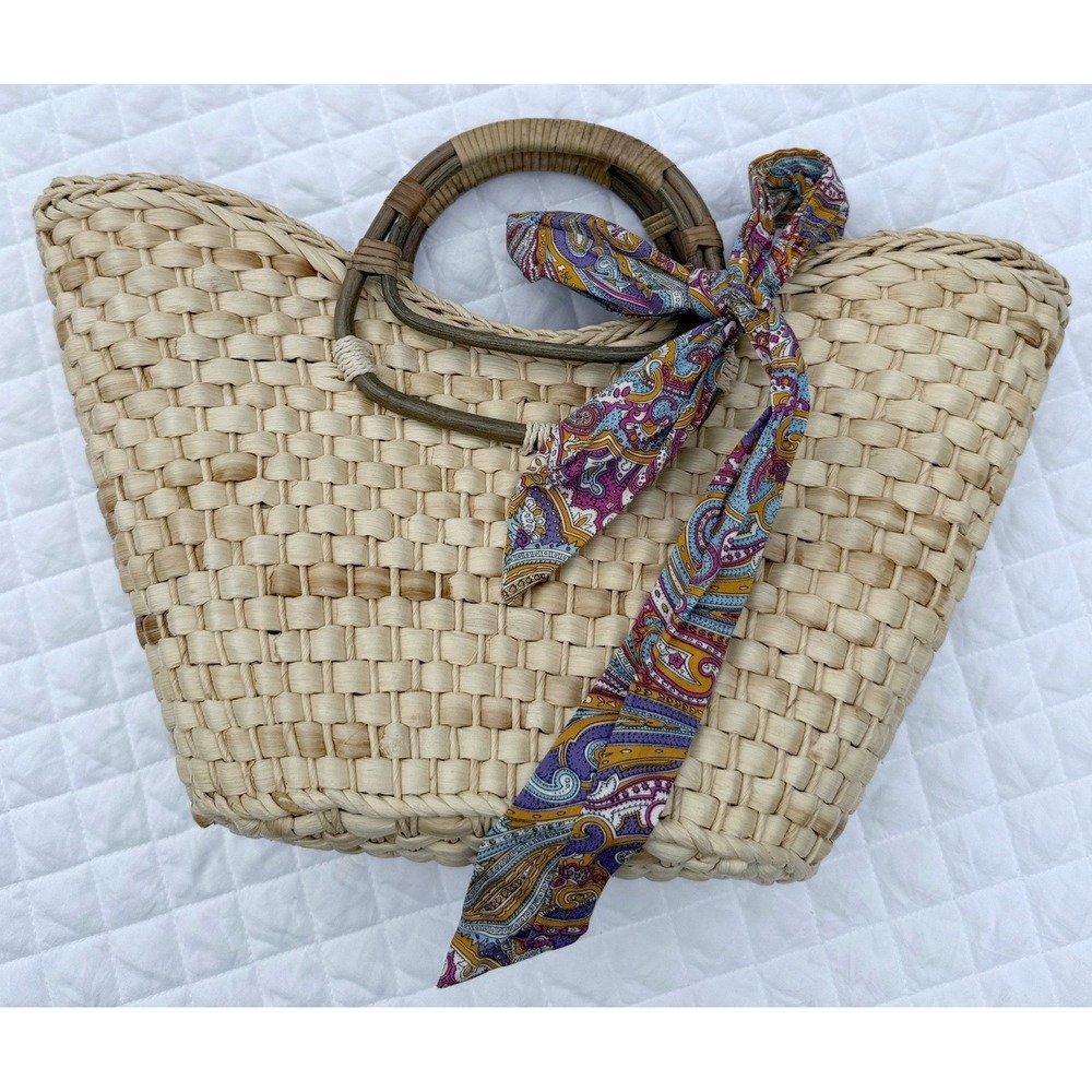 Boho Woven Straw Tote Bag Paisley Scarf Wood Handle Beach Handbag Tan Orange